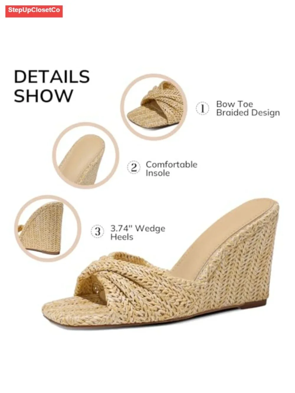 Woven Raffia Wedge Sandals Slip On Square Open Toe Dressy Mules
